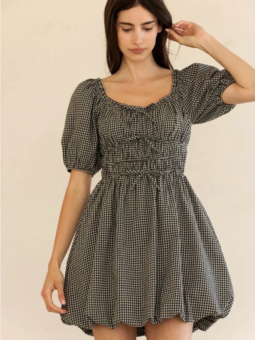 Storia Black and White Gingham Puff-Sleeve Smocked Mini Dress